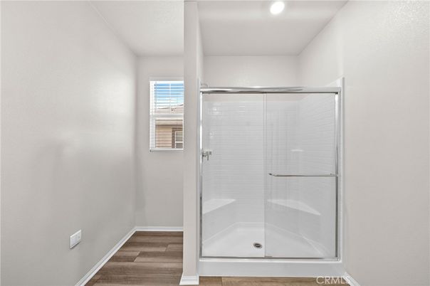 Bathroom, Glass Shower, Interior, Recessed Lighting, Wood Texture Flooring