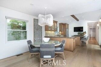 Chandelier, Dining room, Interior, Kitchen, Recessed Lighting, Wooden Beams, Wood Texture Flooring