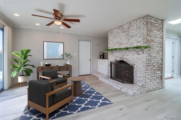 Fireplace, Interior, Recessed Lighting, Stone Walls, Wood Texture Flooring