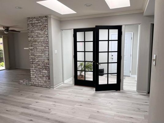 Empty room, Interior, Recessed Lighting, Stone Walls, Wood Texture Flooring
