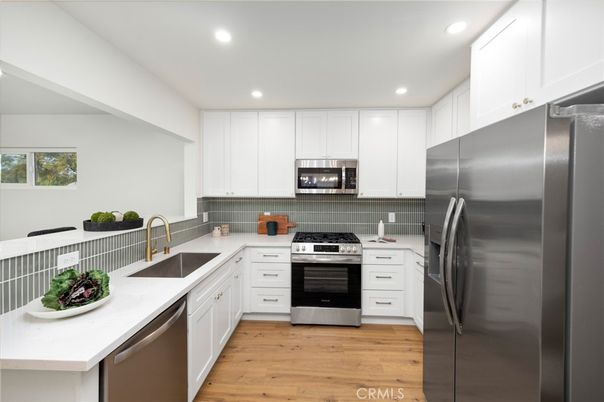 Interior, Kitchen, Recessed Lighting, Stainless Steel Appliances, Wood Texture Flooring