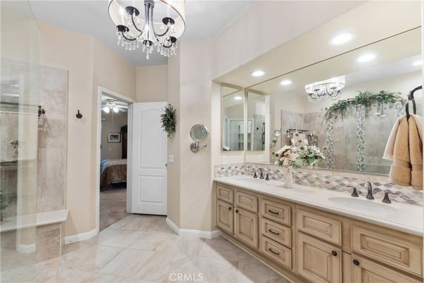 Bathroom, Chandelier, Dual Sink Vanities, Glass Shower, Interior, Recessed Lighting