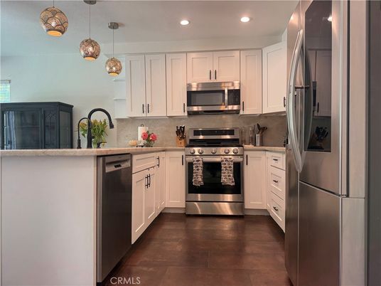 Interior, Kitchen, Pendant Lights, Recessed Lighting, Stainless Steel Appliances, Wood Texture Flooring