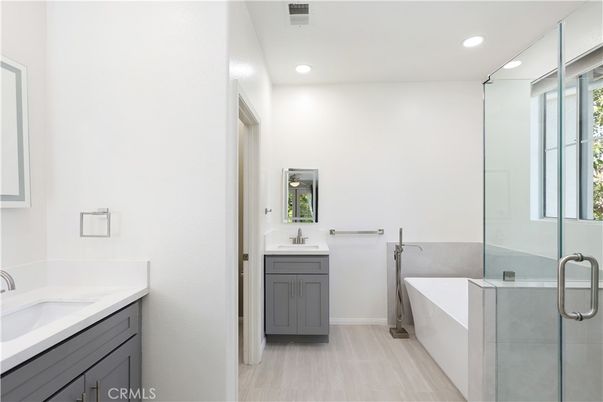 Bathroom, Dual Sink Vanities, Glass Shower, Interior, Recessed Lighting