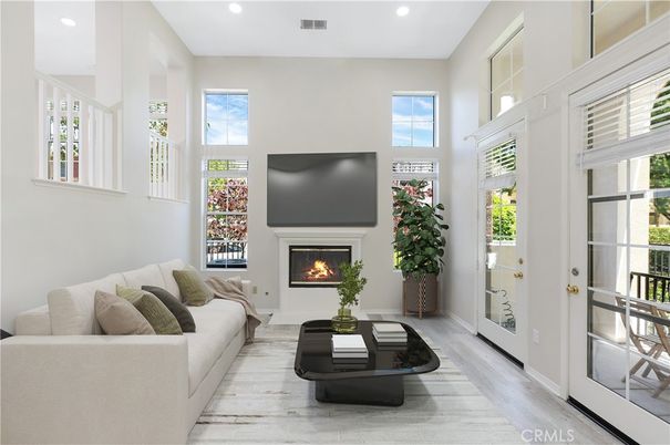 Fireplace, Interior, Living room, Recessed Lighting, Wood Texture Flooring