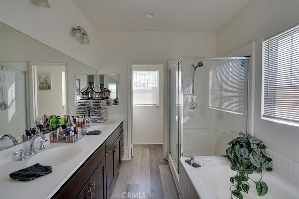 Bathroom, Dual Sink Vanities, Glass Shower, Interior, Wood Texture Flooring