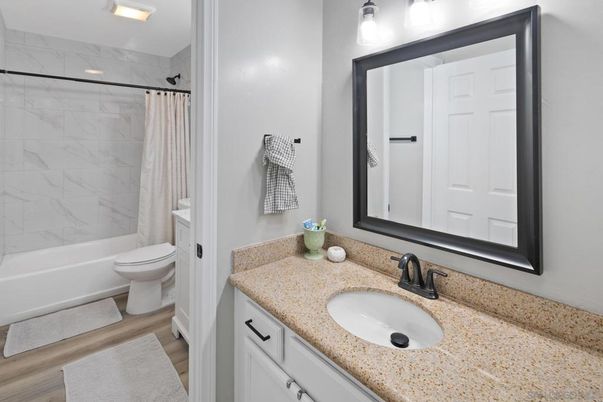 Bathroom, Interior, Marble Walls, Recessed Lighting, Wood Texture Flooring