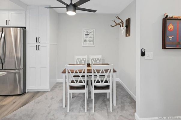 Dining room, Interior, Kitchen, Stainless Steel Appliances, Wood Texture Flooring