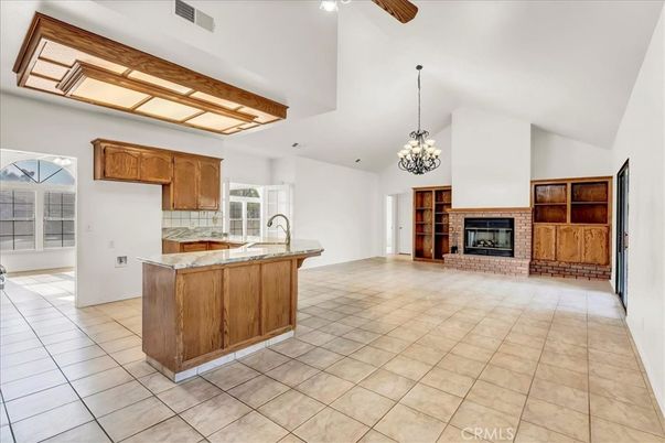 Chandelier, Empty room, Fireplace, Interior, Kitchen