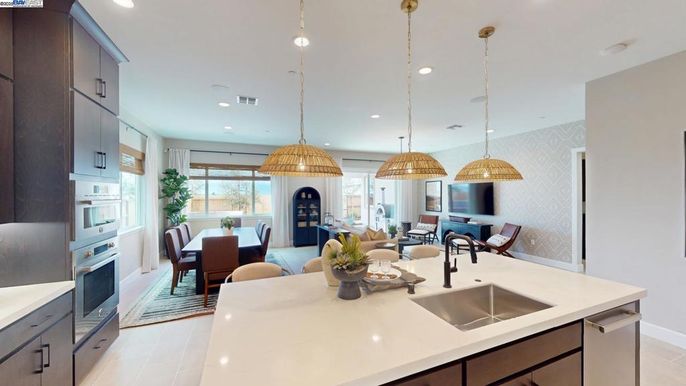 Dining room, Fireplace, Interior, Kitchen, Living room, Pendant Lights, Recessed Lighting, Stainless Steel Appliances