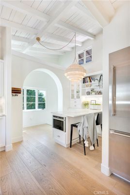 Chandelier, Home Office, Interior, Stainless Steel Appliances, Wood Texture Flooring