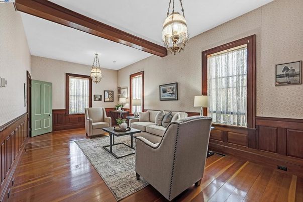 Chandelier, Interior, Living room, Wooden Beams, Wood Texture Flooring