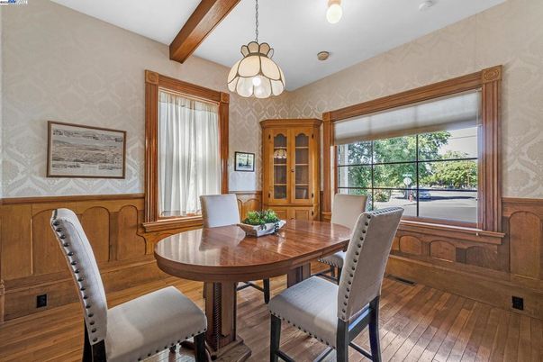 Dining room, Interior, Pendant Lights, Wooden Beams, Wood Texture Flooring