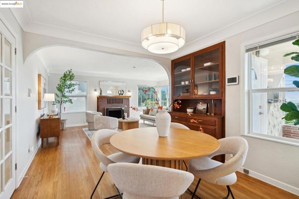 Dining room, Fireplace, Interior, Living room, Pendant Lights, Wood Texture Flooring