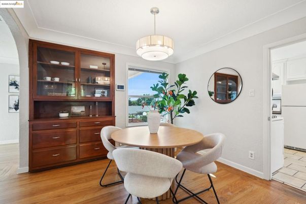 Dining room, Interior, Pendant Lights, Wood Texture Flooring