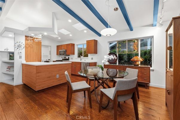 Dining room, Interior, Kitchen, Pendant Lights, Recessed Lighting, Stainless Steel Appliances, Wood Texture Flooring