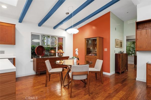 Dining room, Interior, Pendant Lights, Recessed Lighting, Wood Texture Flooring