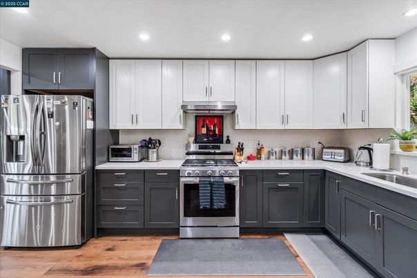 Interior, Kitchen, Recessed Lighting, Stainless Steel Appliances, Wood Texture Flooring