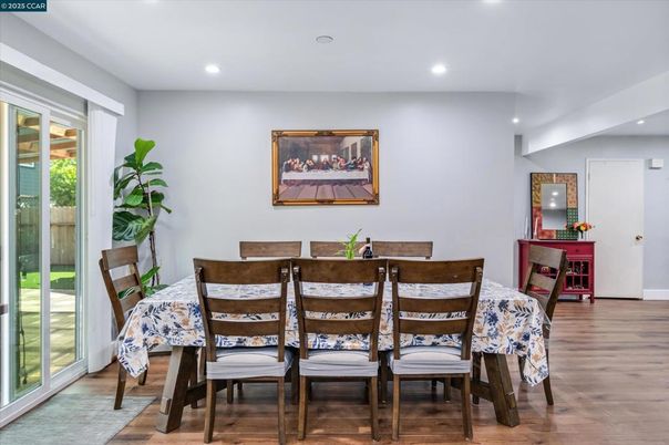Dining room, Interior, Recessed Lighting, Wood Texture Flooring
