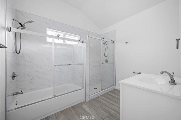Bathroom, Glass Shower, Interior, Marble Walls, Wood Texture Flooring