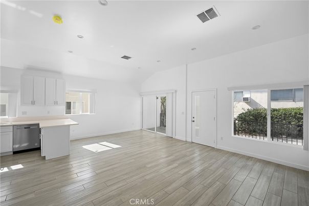 Empty room, Interior, Kitchen, Recessed Lighting, Wood Texture Flooring