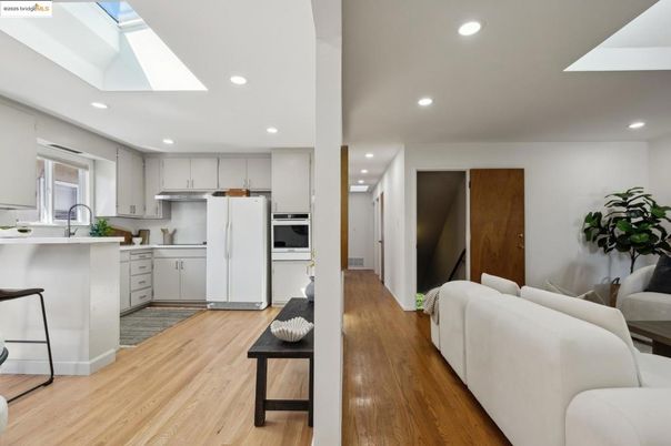 Interior, Kitchen, Living room, Recessed Lighting, Stainless Steel Appliances, Wood Texture Flooring