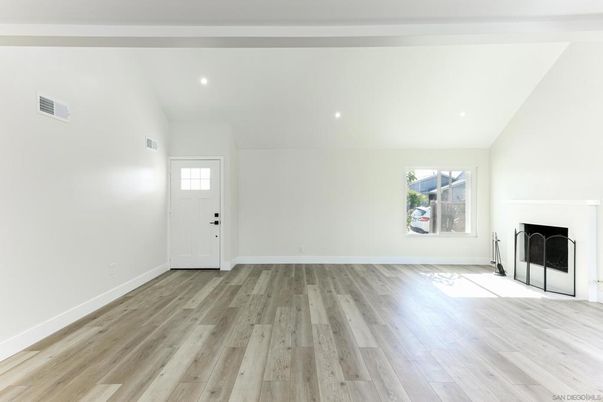 Empty room, Fireplace, Interior, Recessed Lighting, Wood Texture Flooring