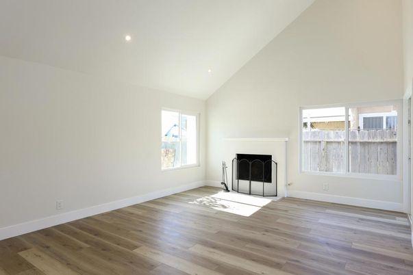 Empty room, Fireplace, Interior, Recessed Lighting, Wood Texture Flooring