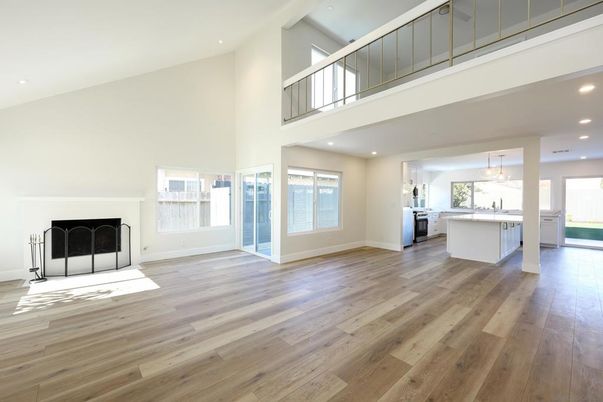 Fireplace, Interior, Kitchen, Pendant Lights, Recessed Lighting, Wood Texture Flooring