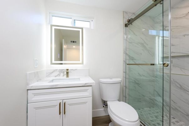 Bathroom, Glass Shower, Interior, Marble Walls, Wood Texture Flooring
