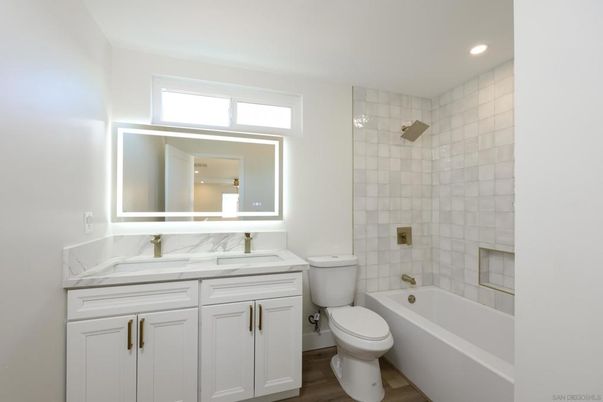 Bathroom, Interior, Recessed Lighting, Wood Texture Flooring