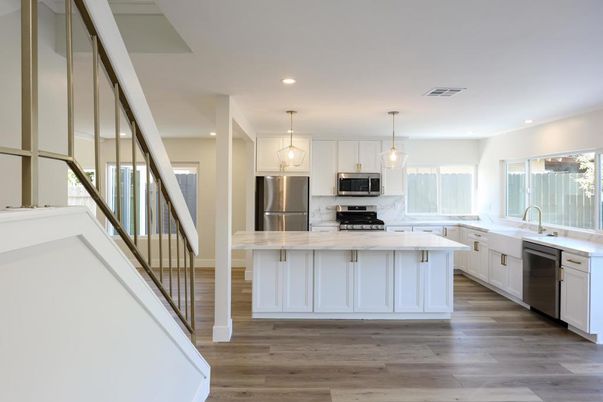 Interior, Kitchen, Pendant Lights, Recessed Lighting, Stainless Steel Appliances, Wood Texture Flooring