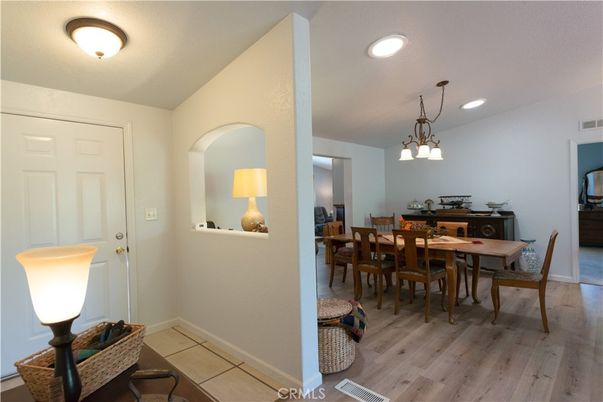 Dining room, Interior, Pendant Lights, Recessed Lighting, Wood Texture Flooring
