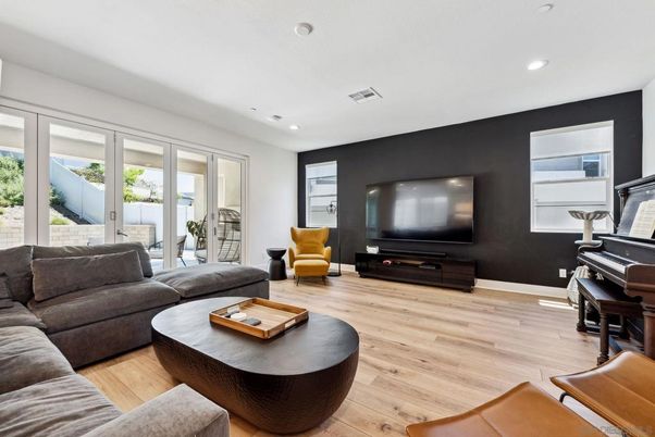 Interior, Living room, Piano, Recessed Lighting, Wood Texture Flooring