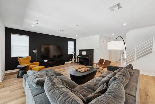 Interior, Living room, Piano, Recessed Lighting, Wood Texture Flooring