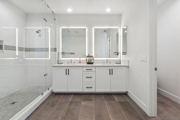 Bathroom, Dual Sink Vanities, Glass Shower, Interior, Recessed Lighting