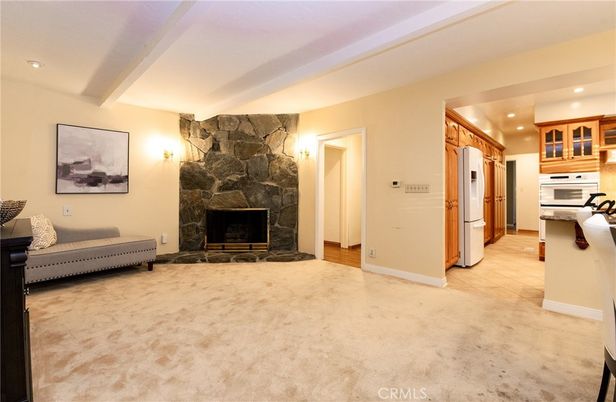 Fireplace, Interior, Kitchen, Recessed Lighting, Stone Walls