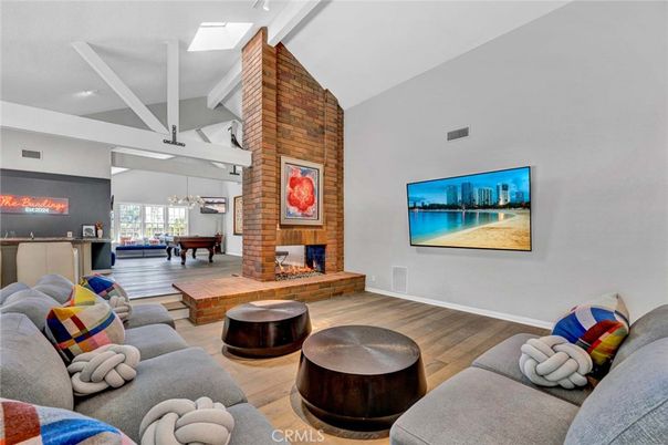 Billiard Table, Fireplace, Game Room, Interior, Living room, Pendant Lights, Wood Texture Flooring, Wooden Walls