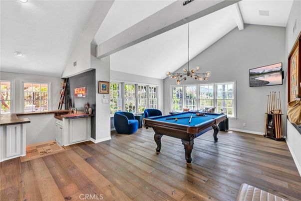 Billiard Table, Game Room, Interior, Pendant Lights, Wood Texture Flooring
