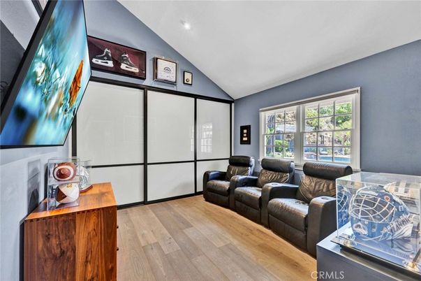 Interior, Living room, Projection Screen, Recessed Lighting, Theatre Room, Wood Texture Flooring