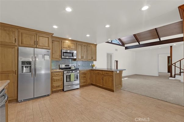 Interior, Kitchen, Recessed Lighting, Stainless Steel Appliances, Wooden Beams, Wooden Ceilings, Wood Texture Flooring