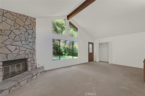 Empty room, Fireplace, Interior, Stone Walls, Wooden Beams