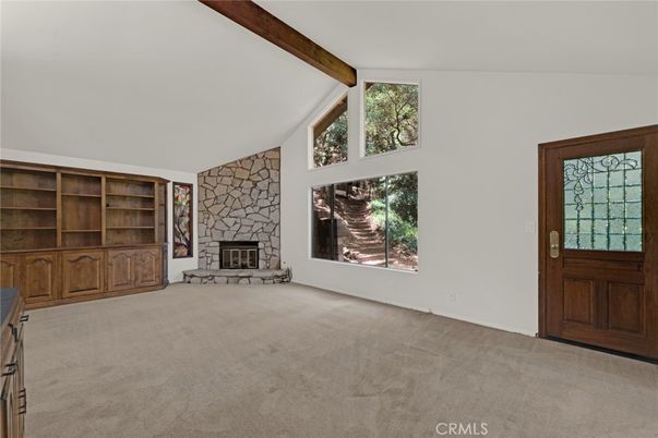 Empty room, Fireplace, Interior, Stone Walls, Wooden Beams