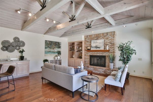 Fireplace, Interior, Living room, Recessed Lighting, Stone Walls, Wooden Beams, Wooden Ceilings, Wood Texture Flooring
