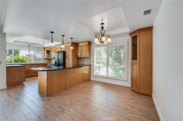 Chandelier, Interior, Kitchen, Pendant Lights, Recessed Lighting, Wood Texture Flooring
