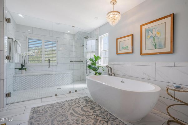 Bathroom, Chandelier, Free Standing Baths, Glass Shower, Interior, Marble Walls, Recessed Lighting