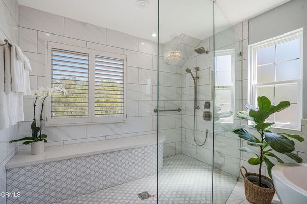 Bathroom, Glass Shower, Interior, Marble Walls, Recessed Lighting