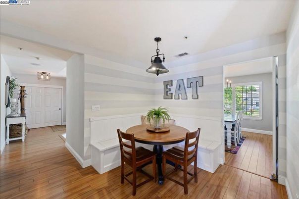 Dining room, Interior, Pendant Lights, Wood Texture Flooring