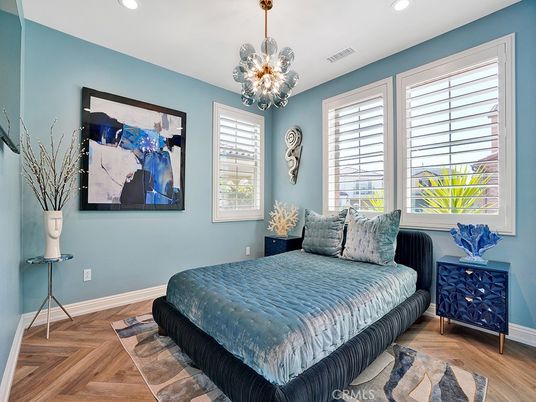 Bedroom, Interior, Pendant Lights, Recessed Lighting, Wood Texture Flooring