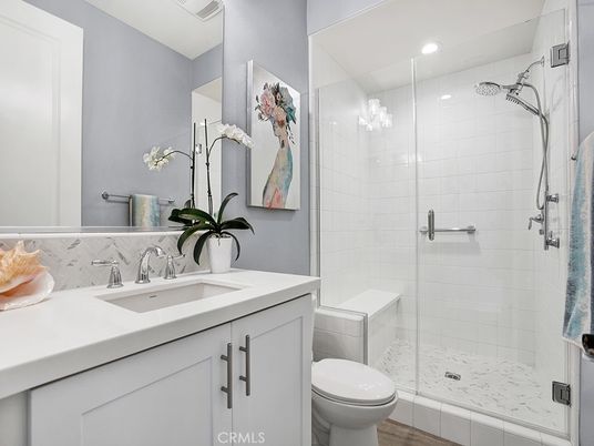 Bathroom, Glass Shower, Interior, Recessed Lighting, Wood Texture Flooring